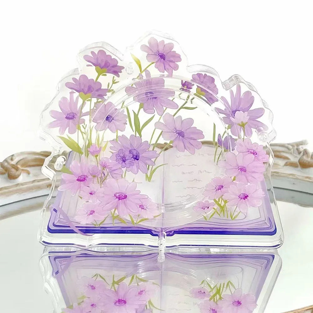 cadre photo acrylique transparent floral livres décoratifs pages blanches motifs fleurs artisanal violet bleu