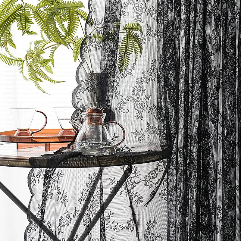 rideaux polyester dentelle fleur noir salon festifs pastorales romantiques