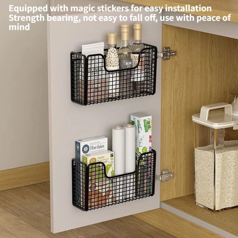 paniers rangement mural adhésifs noir maille métallique moderne cuisine sans perçage