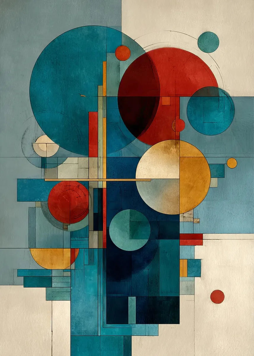 toile d'art abstrait moderne composition géométrique bleu rouge beige noir