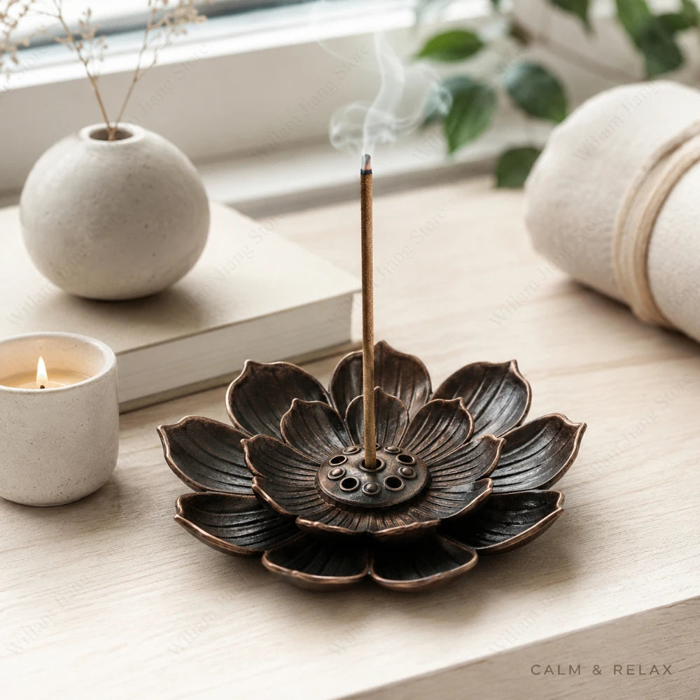 porte encens lotus sculpté bronze zen décoration intérieure aromathérapie bâtonnets encens vase céramique bougie