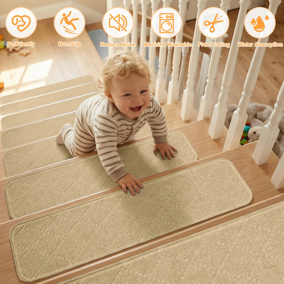 tapis antidérapant adhésif marches escalier résistant décoloration texture géométrique moderne beigeclair 20cmx76cm