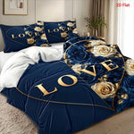 housse couette taies oreiller ensemble literie motif roses love cœur doré romantique bleu doré