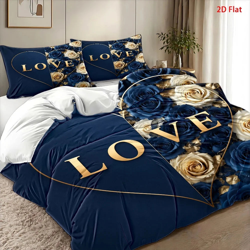 housse couette taies oreiller ensemble literie motif roses love cœur doré romantique bleu doré