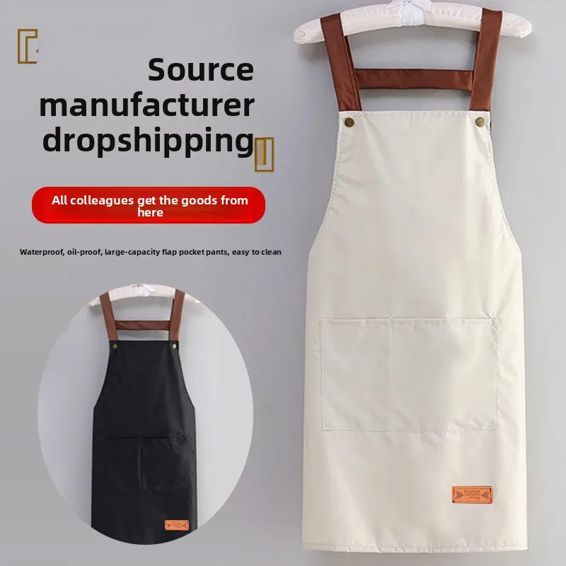 tablier cuisine imperméable bleu clair beige noir nettoyage poche avant épaulières cuir classique