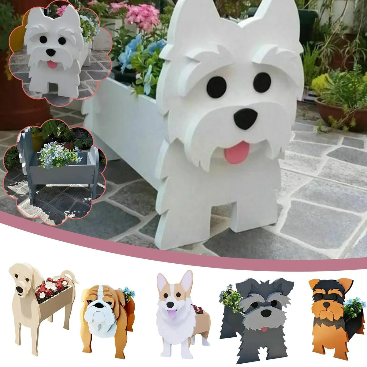 cache pot chien forme cartoon blanc beige marron noir rose vert détails visage plante