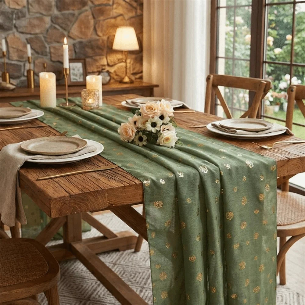 chemin table vert olive motif points dorés classique noël saint valentin nouveau an manger
