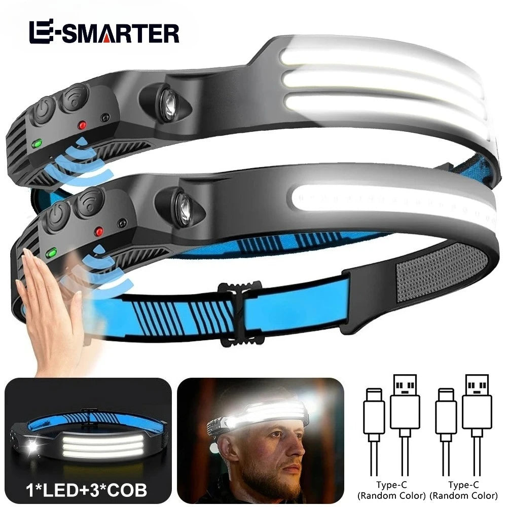 lampe frontale rechargeable usb étanche camping pêche travail bleu blanc moderne rayures horizontales boucle