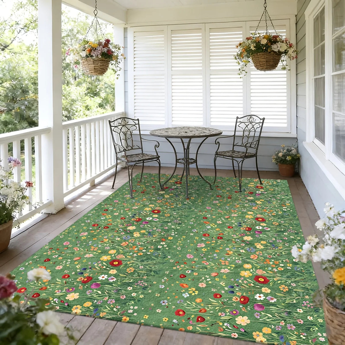 tapis moderne fleurs colorées vert clair extérieur salon antidérapant facile nettoyage