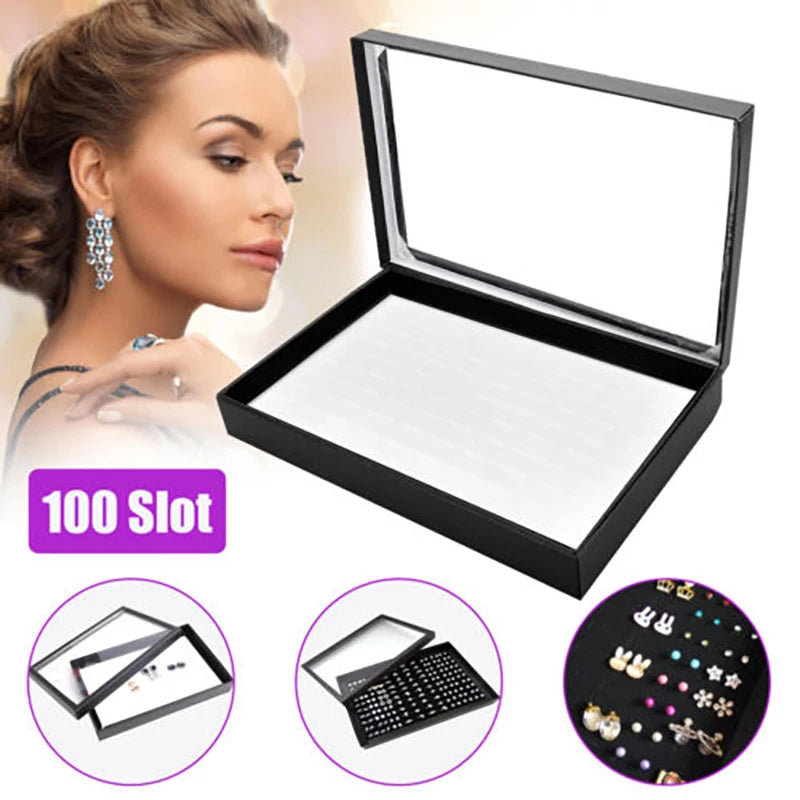 boîte bijoux moderne 100 slots velours blanc simili cuir noir rangement sécurité transparent boucles