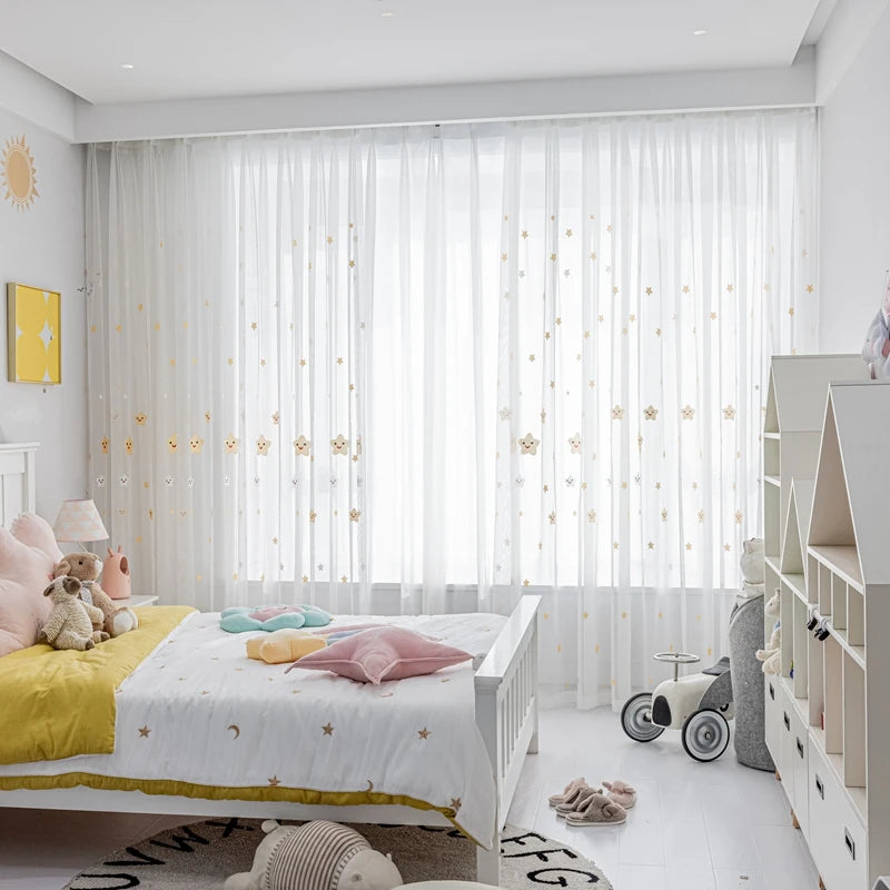 rideau blanc étoiles souriantes transparent moderne chambre d'enfant polyester brodé
