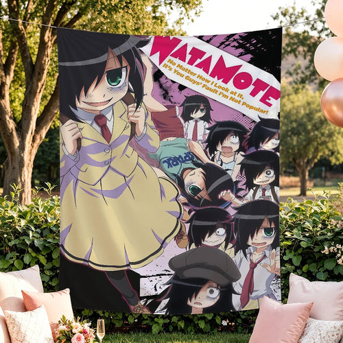 tapisserie murale anime watamote décoration chambre fille illustration personnage noir violet blanc esthétique japonaise