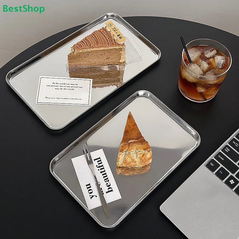 plateau rectangulaire argenté lisse moderne service table gâteau boisson pain