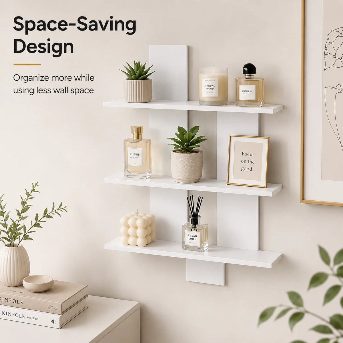 étagère murale blanc minimaliste trois niveaux fixations murales rangement deco plantes bougies livres vases