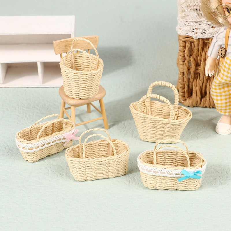 paniers osier rustique vintage poignées osier rubans décoratifs beige clair tissage fin enfant poupées