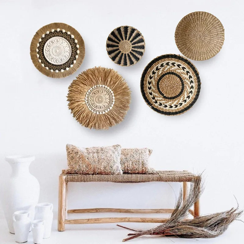 Décoration murale en rotin tressé à la main, ornement rond en fibre végétale pour intérieur