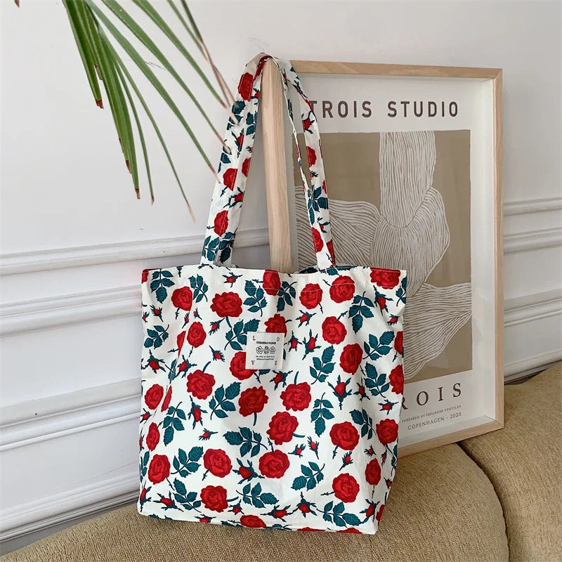 sac main femme toile florale motif fleurs rouge décontracté polyvalent doux polyester