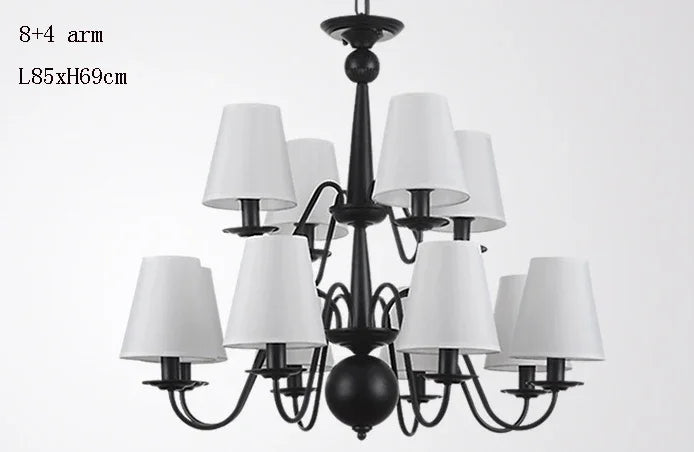 lustre fer noir classique abat jour blancs interrupteur bouton verre dépoli