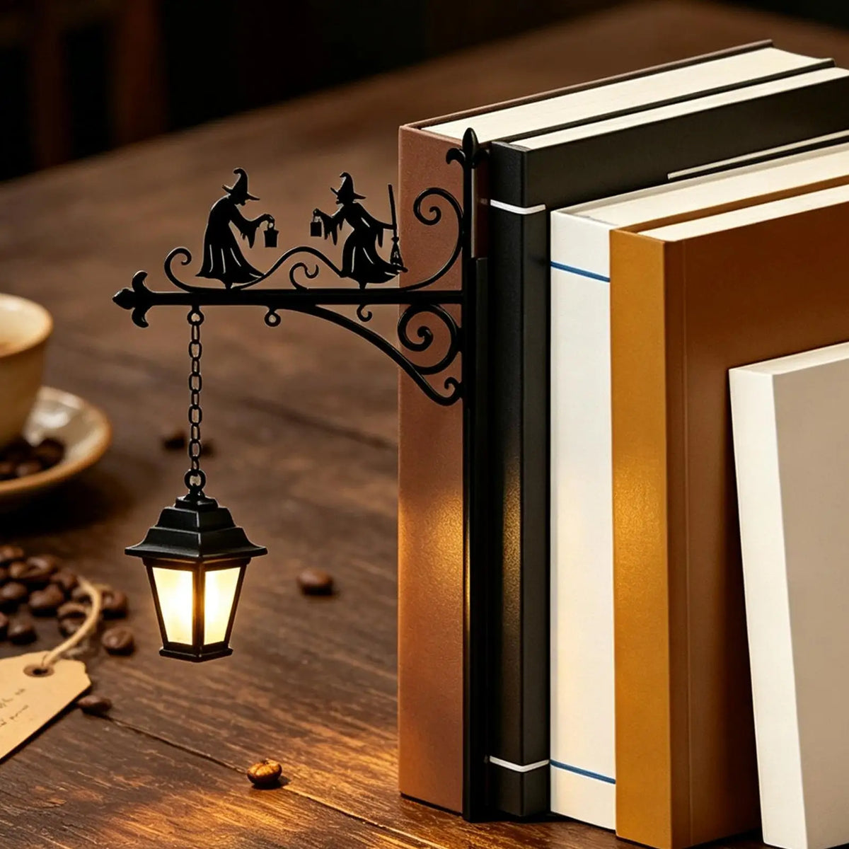 lampe livre sorcière halloween vintage noir silhouettes lanternes adhésif décoration bibliothèque