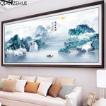 tableau paysage montagneux peinture traditionnelle coton nuages eau texte chinois vert bleu blanc gris