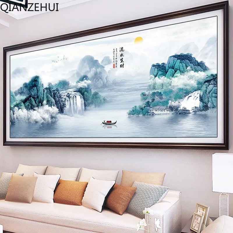 tableau paysage montagneux peinture traditionnelle coton nuages eau texte chinois vert bleu blanc gris