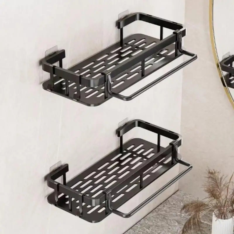 étagère salle bain adhésive noire moderne grille perforations serviette brosse dents góc nhìn khách