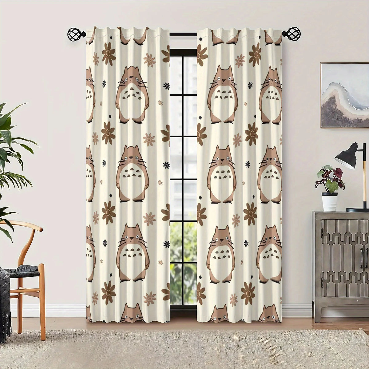 rideau motif dessins animés personnages ronds fleurs moderne beige clair marron clair opaques fenêtre