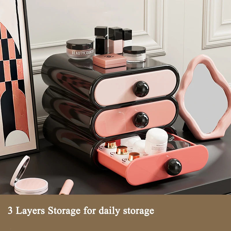 organisateur maquillage boîte rangement noir rose blanc moderne poudre fard joues crème masque bouteilles