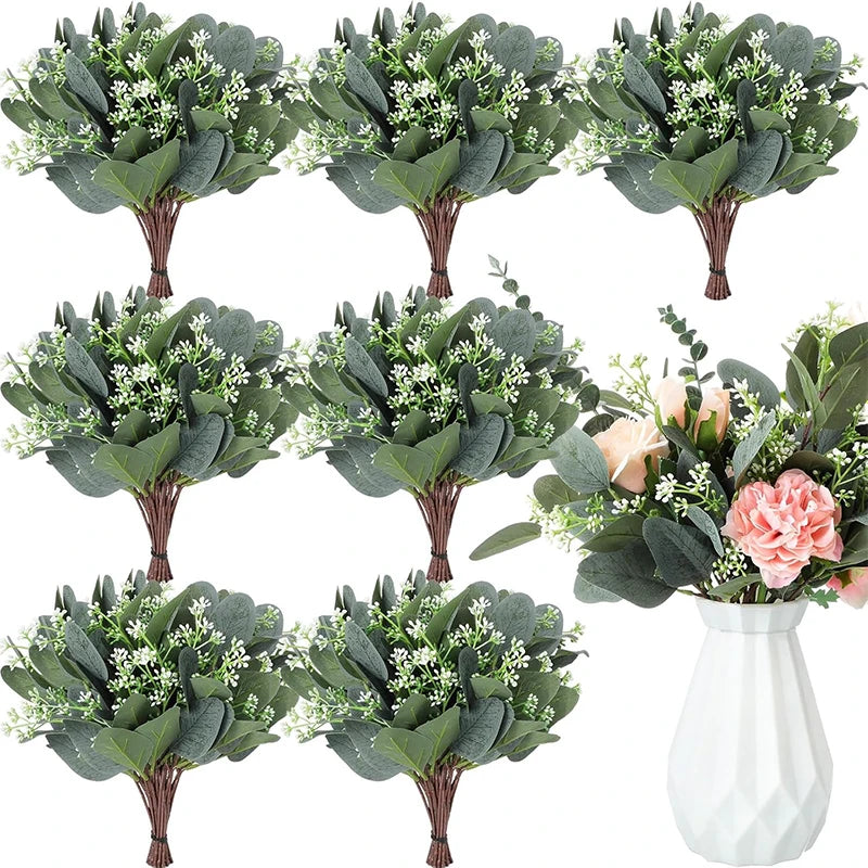 bouquet artificiel feuilles vertes fleurs blanches decoration mariage naturel rustique