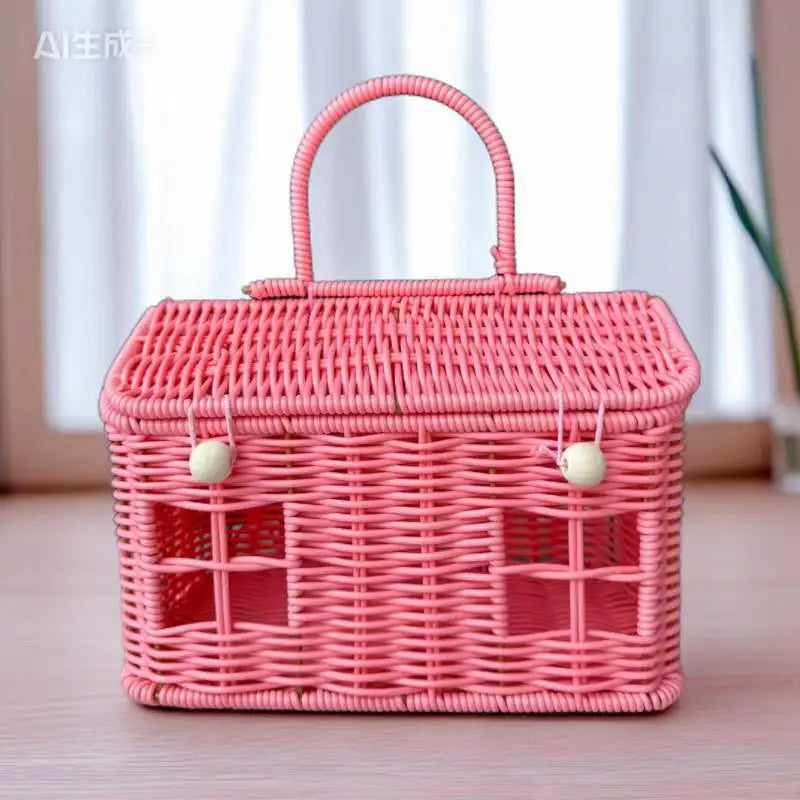 panier rangement osier motif maison fenêtres porte vintage bleu vert rose marron beige poignée