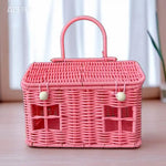 panier rangement osier motif maison fenêtres porte vintage bleu vert rose marron beige poignée