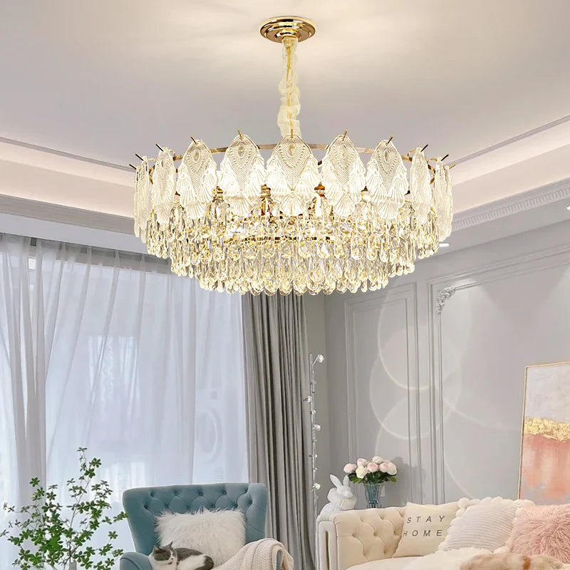 lustre doré cristal suspension salon chambre classique led 80cm adjustable