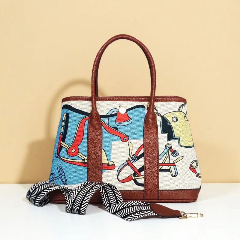 Sac main femme toile imprimé motifs jouets bandoulière amovible poches intérieures moderne casual polyvalent