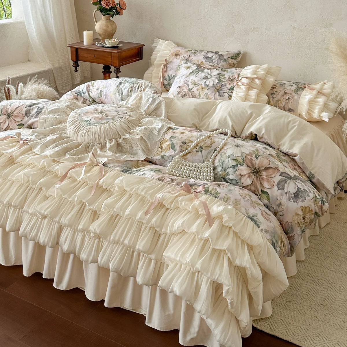 drap housse coton floral vintage romantique pastel 4pièces cœur beige clair