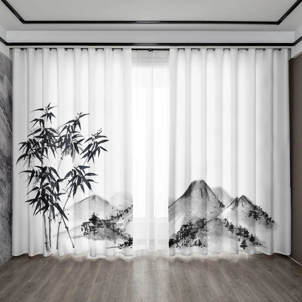 rideaux japonais motifs bambou montagne zen opaque transparent 75x166cm polyester tubulaire
