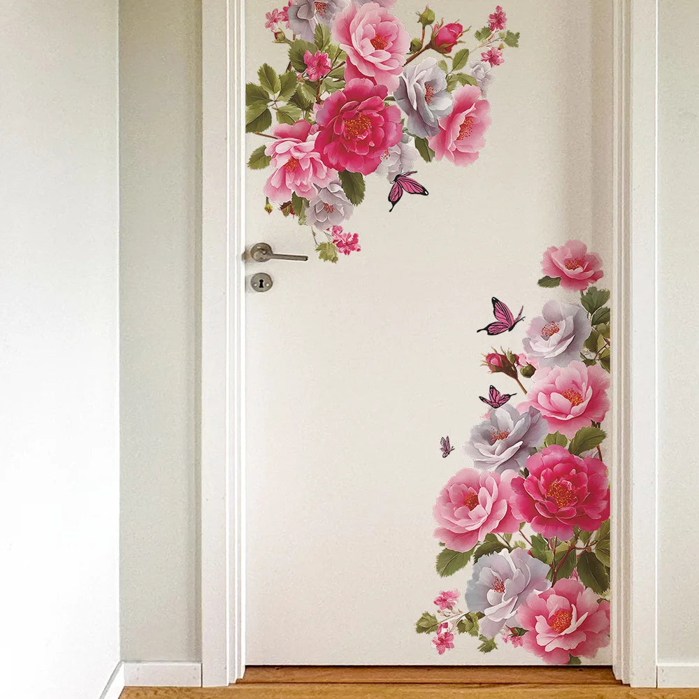 autocollants muraux fleurs pivoine papillons decoration murale rose blanc vert floral