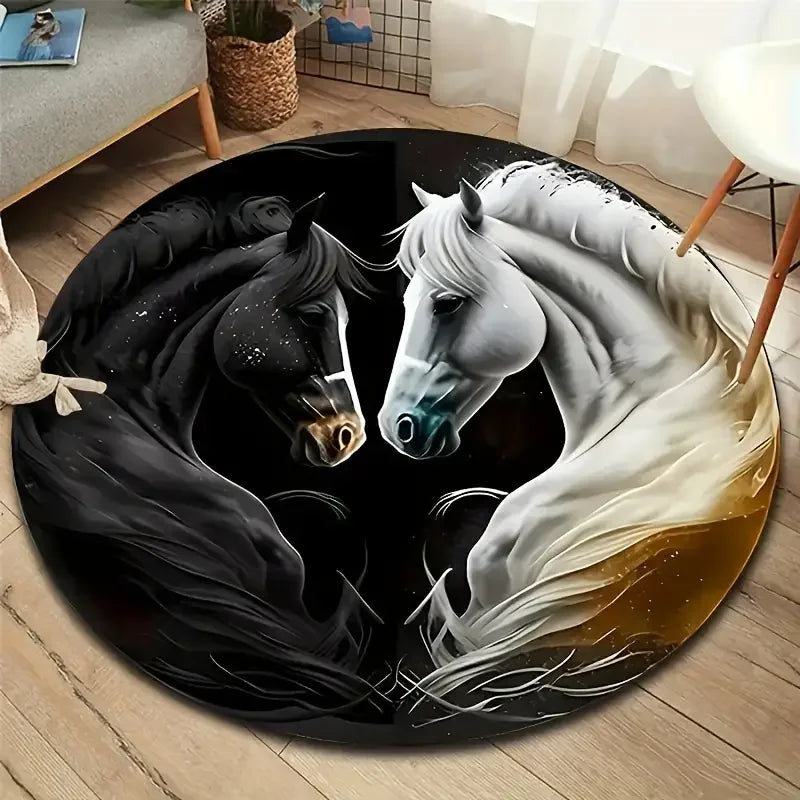 tapis rond chevaux yin yang noir blanc moderne salon chambre décoration polyester