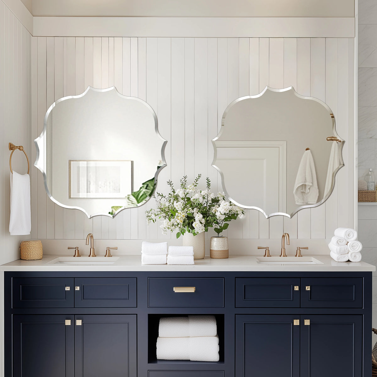 miroir moderne argenté bord dentelé sans cadre portable 80cm 80cm autonome
