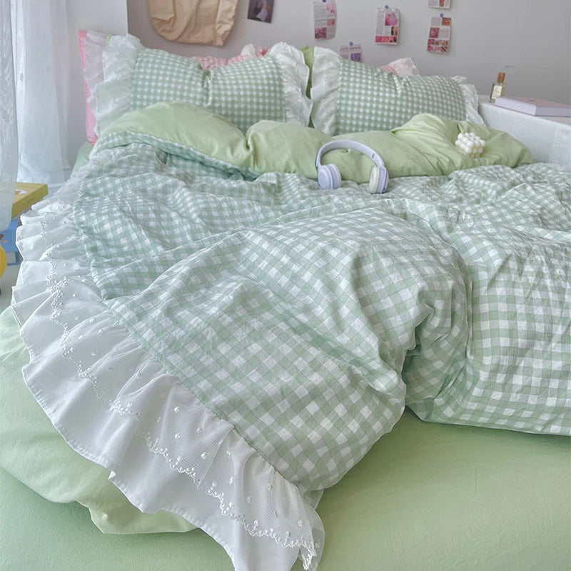 ensemble literie rose clair carreaux doux romantique housses ultra douces 180x220cm 200x230cm