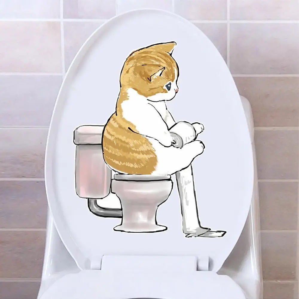 sticker mural chat cartoon adhésif toilette smartphone orange blanc beige gris