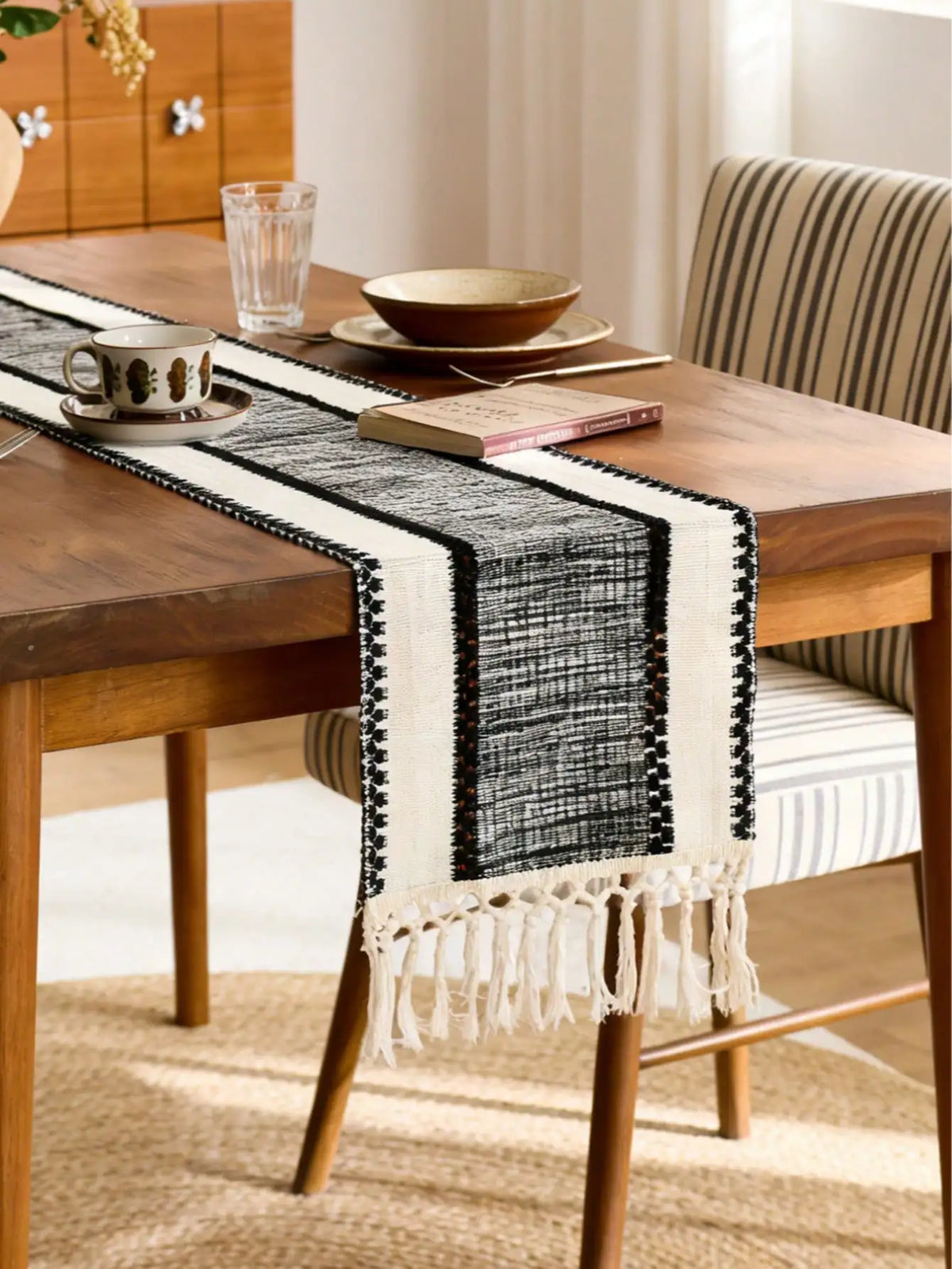 chinois boho chic chemin table géométrique franges beige clair tissé durable maison hiver été