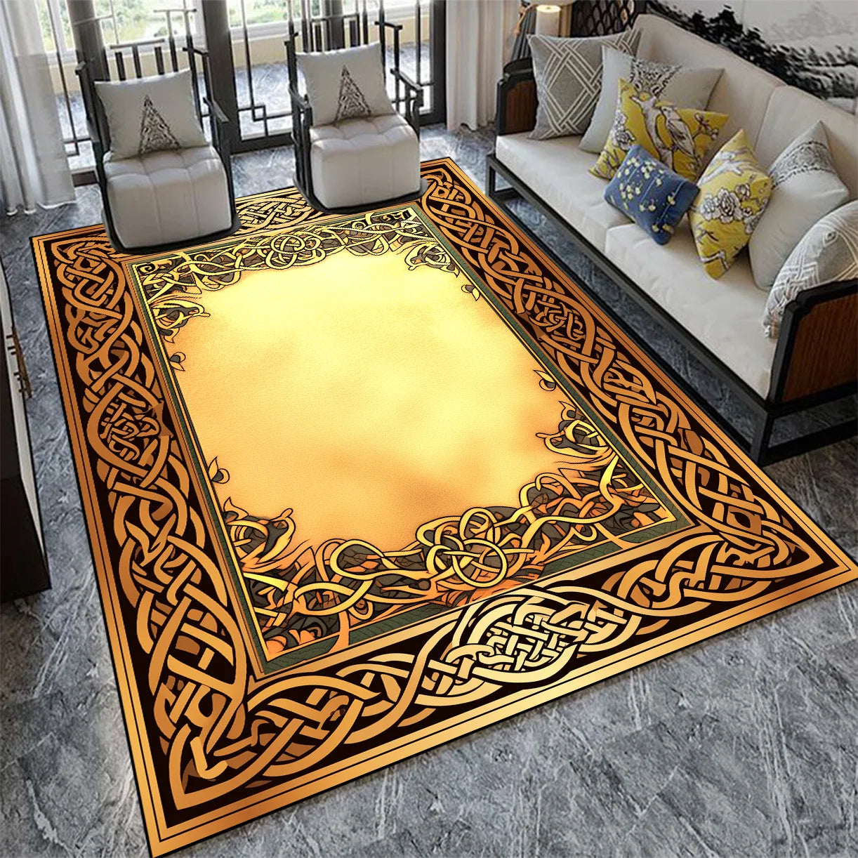 Un magnifique tapis au design celtique, doré et noir, ornant le centre d'un salon confortable meublé avec soin.