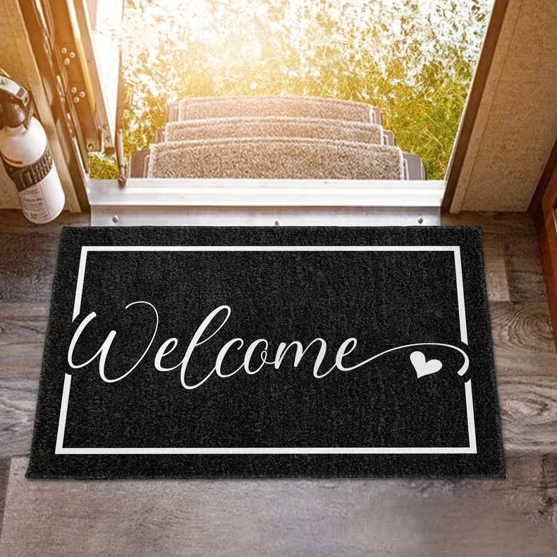 tapis d'entrée moderne lettres blanches noir cœur texte 50x75cm 60x90cm 80x120cm