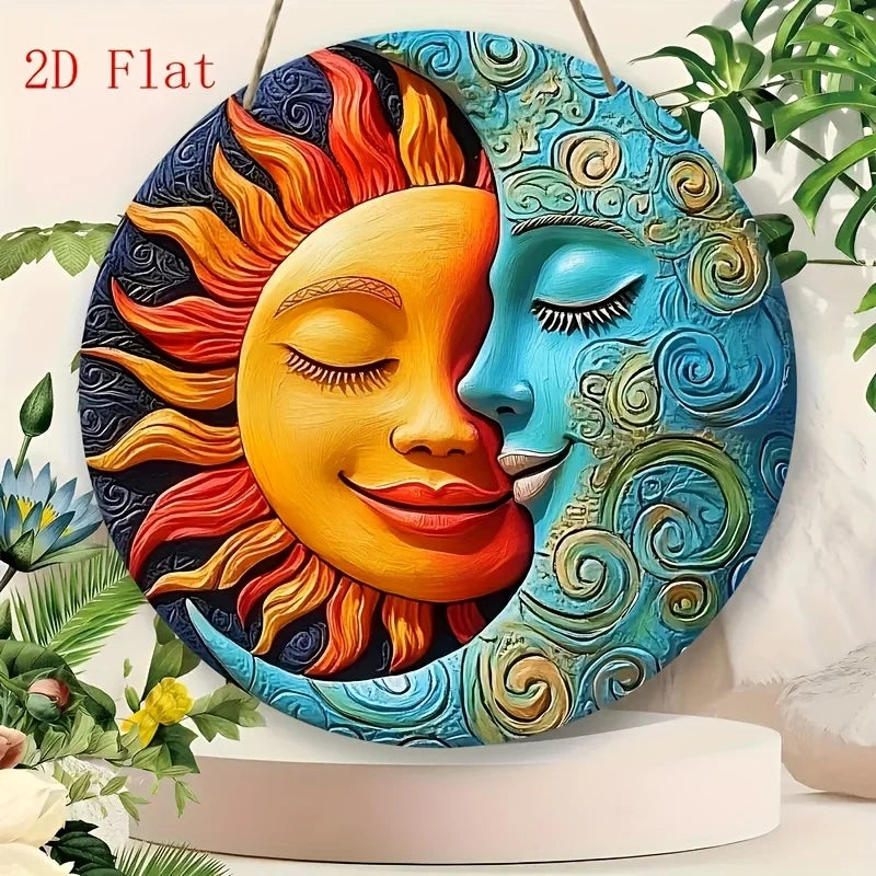 plaque décorative artisanale visage soleil lune motifs floraux occasionnelle festive orange jaune bleu vert