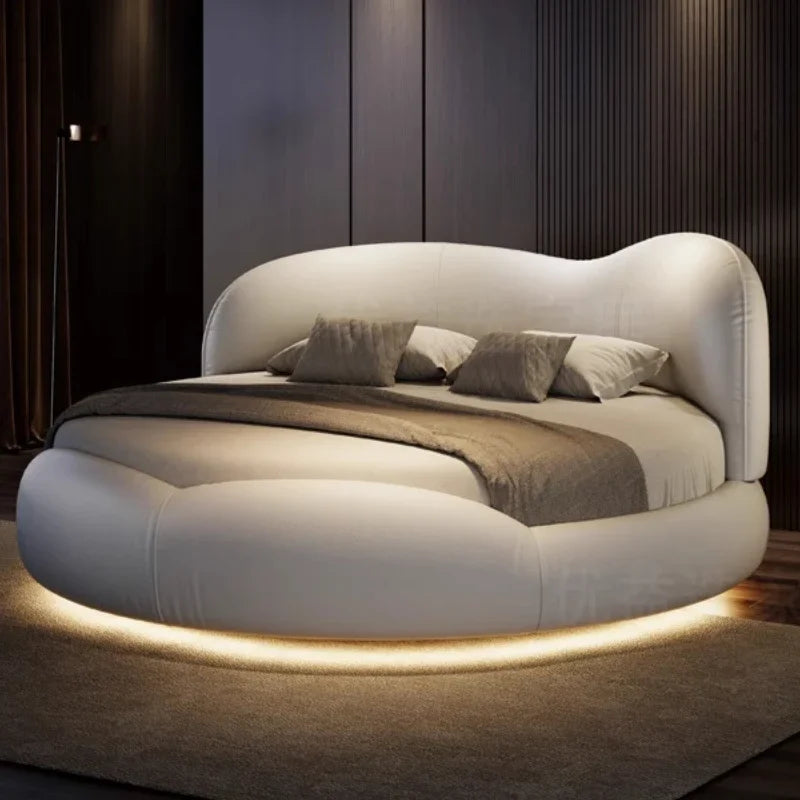 lit rond moderne tête rembourrée éclairage led tables chevet gris clair taupe