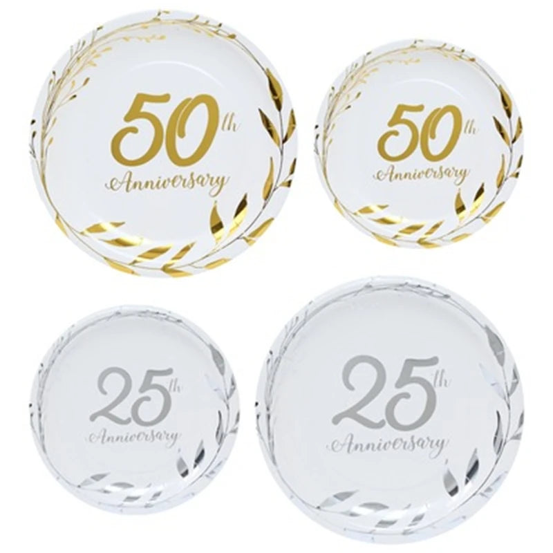 assiettes jetables dorées festives 8pcs anniversaire guirlandes feuilles textes classiques blancs
