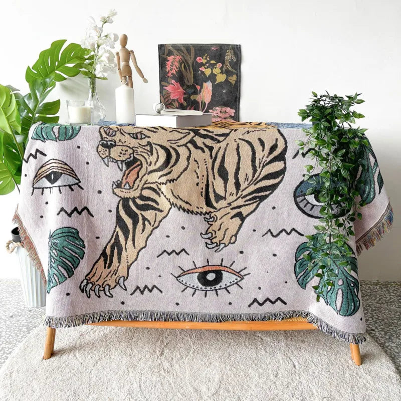 couverture pique nique tigre moderne motif monstera coton gris orange noir vert