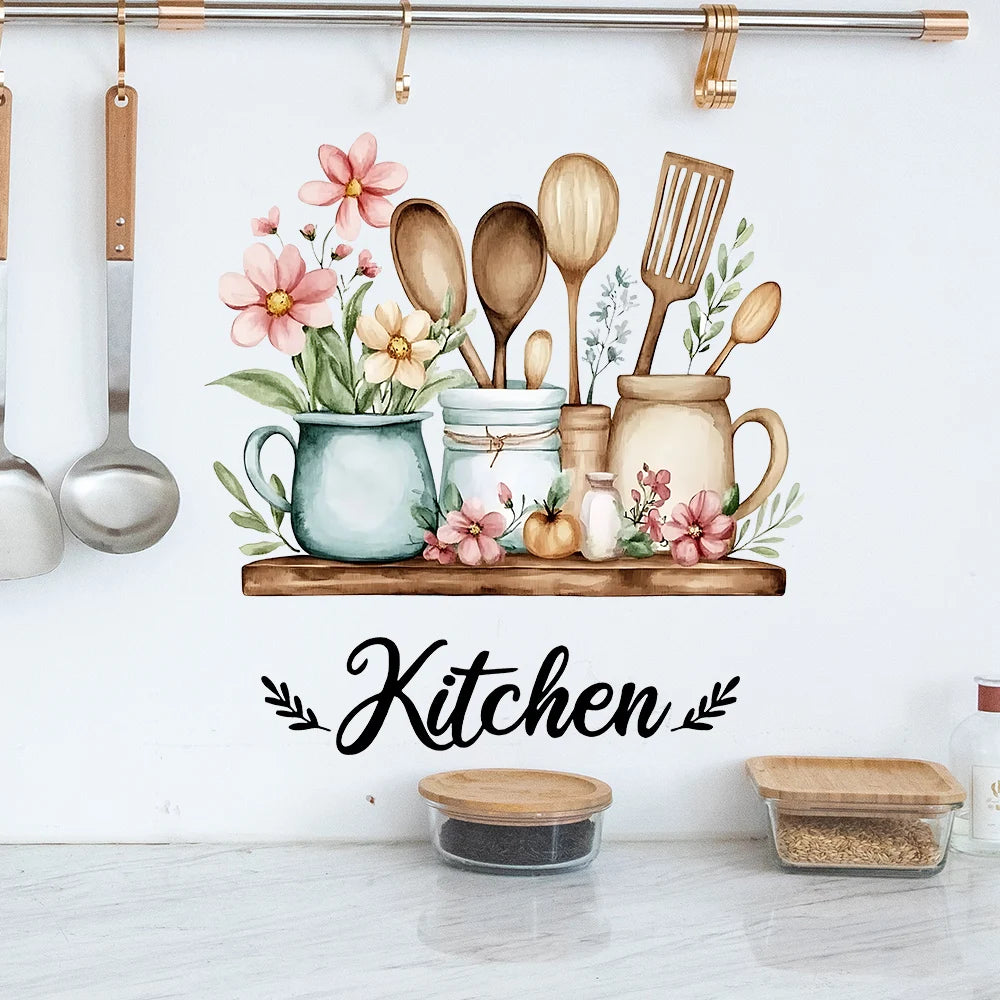 autocollant mural multicolore fleurs ustensiles cuisine texte kitchen illustration décoration maison nouvelle classe post