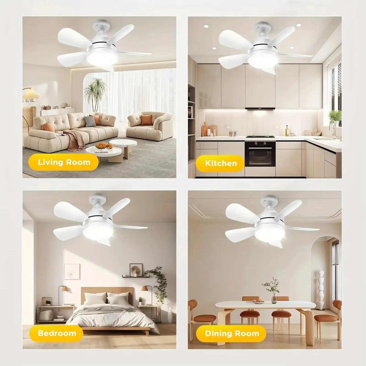 ventilateur led blanc moderne télécommande base e27 lumiere variable flux faible facile chambre salon