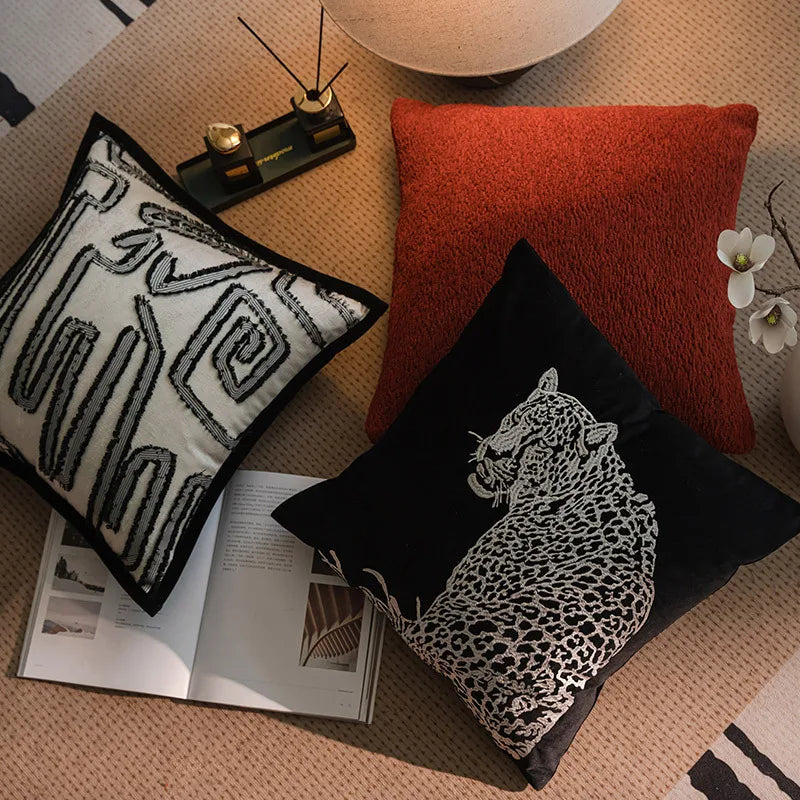 taie d'oreiller léopard brodé moderne 45x45cm noir blanc décoratif intérieur voiture chambre salon canapé
